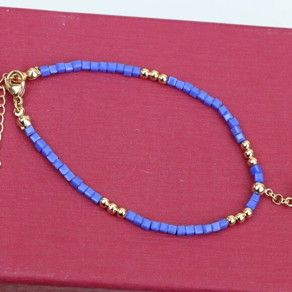 Elegant Rose Gold Bracelet with Blue Beads and Sparkling Charm, XPBL0634 - Picture 11 of 12